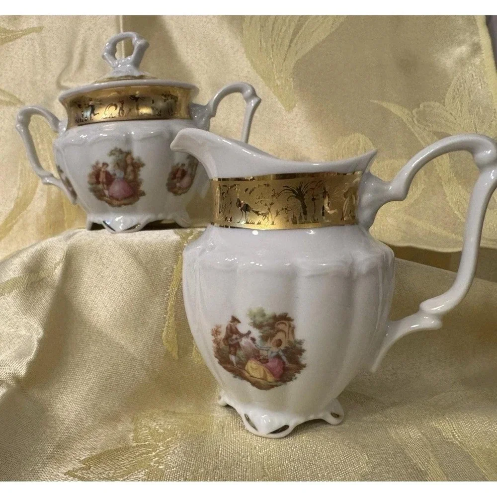 T Limoges Vizavi Oro Fragonard Sugar Bowl w Lid & Creamer 24K Gold Italy